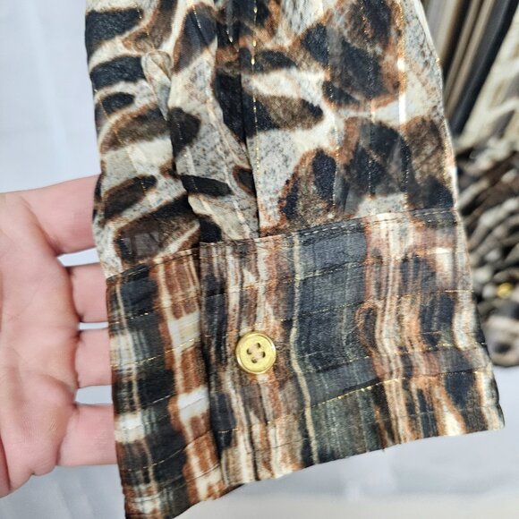 Chico's Brown Button Down Leopard Tunic Metallic Sheer Mobwife 2 (L) - Picture 4 of 12